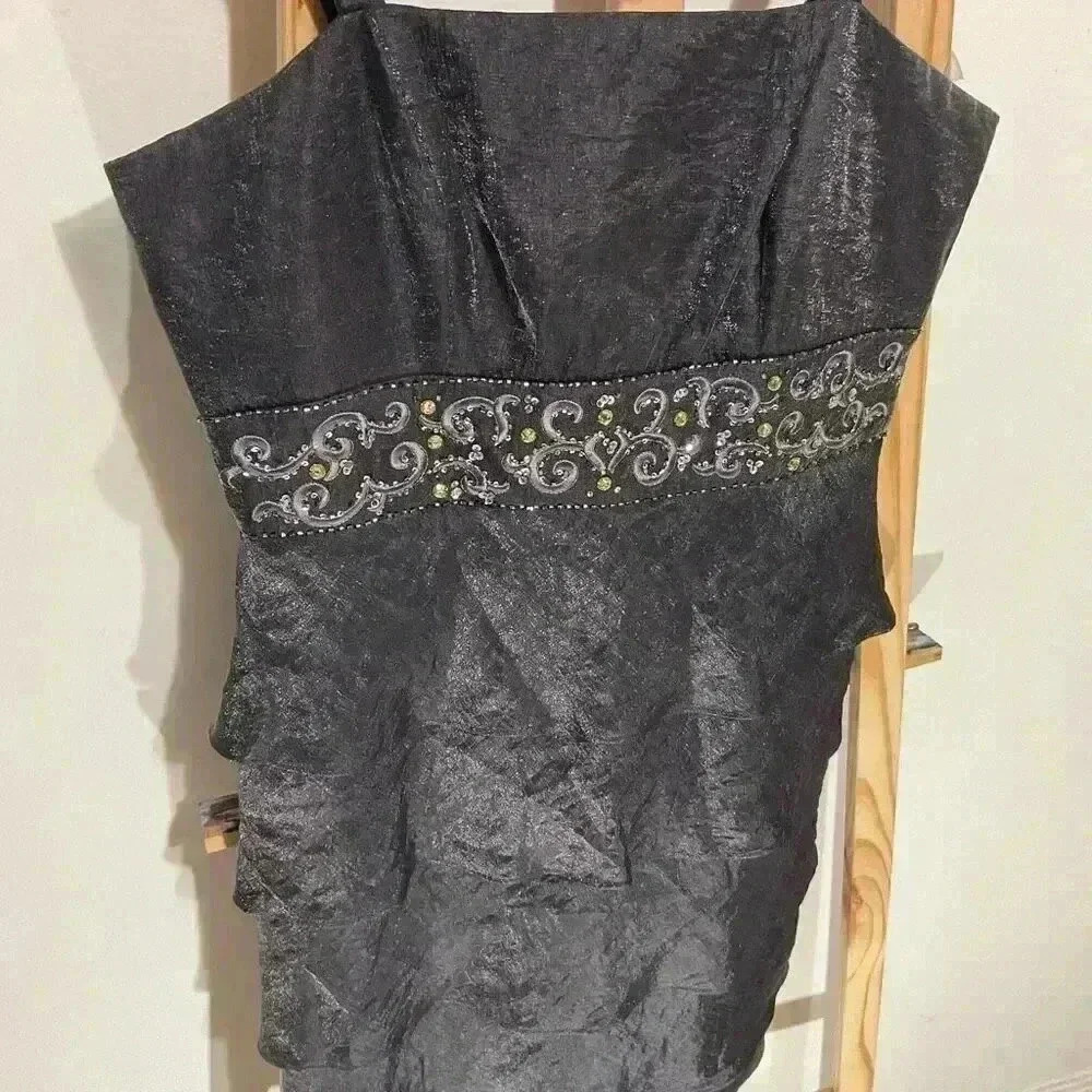 R&M Richards Tiered Embellished Dress Dark Gray Metallic Tank Dress back zip and - Picture 2 of 8